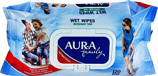 Влажные салфетки AURA FAMILY для всей семьи с антибакт. эффектом big-pack с крышкой 120шт 1/12