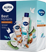 Подарочный набор AURA BEST MOMENTS Крем-гель для душа Кокос и Миндаль 250мл + Крем для рук Восстанав