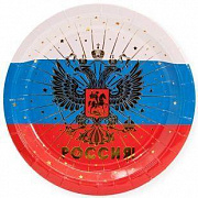 Тарелки (9''/23 см) Россия! (герб), Триколор, Металлик, 6 шт.