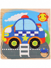 Деревянная пазл-рамка (14,5х14,5 см) "Полицийский автомобиль" (16 элементов) ( Арт. ИД-0130)/Рыжий к
