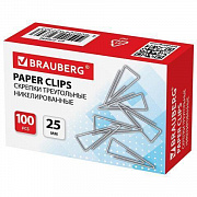 Скрепки BRAUBERG, 25 мм, никелированные, треугольные, 100 шт., в картонной коробке, 270440/Россия