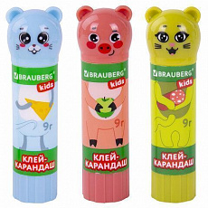 Клей-карандаш  9 г "Зверята: кошка, мышка, хрюшка" 9 г, фигурный колпачок, BRAUBERG KIDS/1/24/Россия