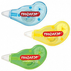 Корректирующая лента ПИФАГОР 5 мм х 4 м, корпус ассорти, механизм перемотки, блистер, 227803/Россия