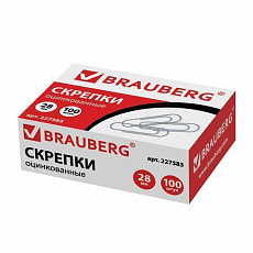 Скрепки BRAUBERG, 28 мм, оцинкованные, 100 шт., в картонной коробке, 227583/Россия