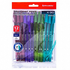 Ручки шариковые BRAUBERG X-30 COLOR MIX, КОМПЛЕКТ 12 ШТ., СИНИЕ, узел 1мм, линия 0,5м, 144336