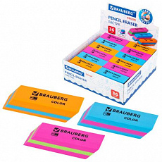 Ластик BRAUBERG "Color", 55х15х13 мм, прямоугольный, скошенный, яркие цвета ассорти, 272671/Россия