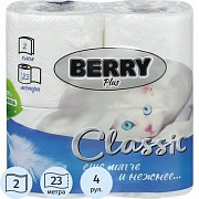 Бумага туалетная "Berry Classik" 2сл, 4рул, на втулке с тиснением и перфорацией, 100% целлюлоза, бел