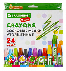 Восковые мелки утолщенные BRAUBERG KIDS, НАБОР 24 цвета, на масляной основе, яркие цвета, 271694/Рос