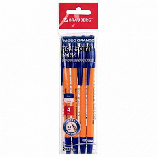 Ручки шариковые BRAUBERG "M-500 ORANGE", НАБОР 4 шт., СИНИЕ, узел 0,7мм, линия 0,35мм, 143950/Россия