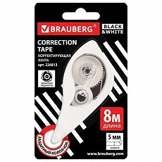 Корректирующая лента BRAUBERG BLACK&WHITE 5мм х 8м, корпус белый, механизм перемотки, блистер,226813